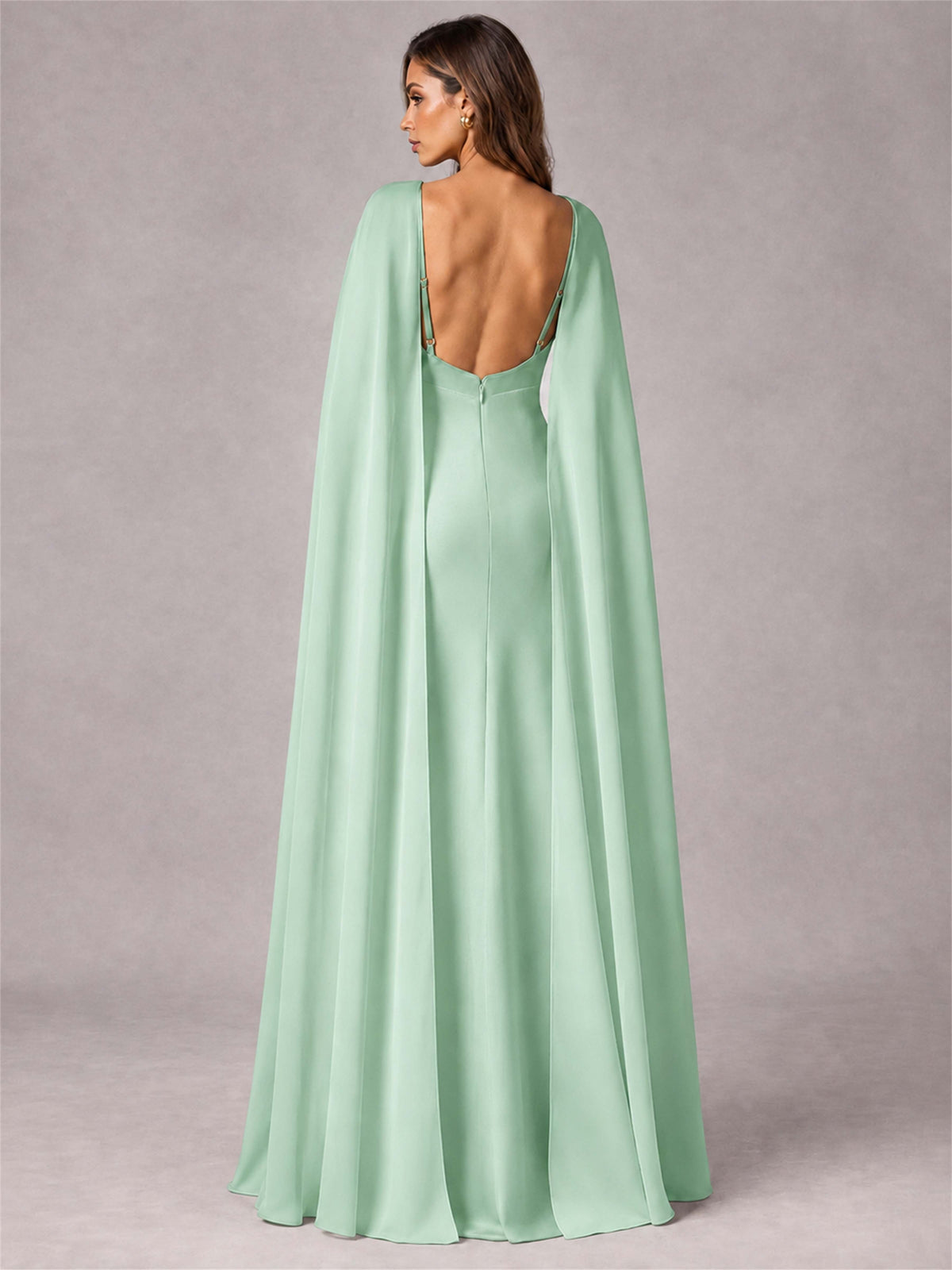V-Neck Mermaid Satin Spaghetti Straps Floor-Length Wedding Guest Dress with Cape