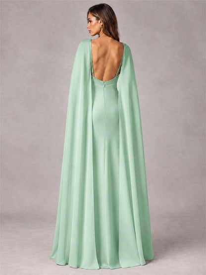 V-Neck Mermaid Satin Spaghetti Straps Floor-Length Wedding Guest Dress with Cape