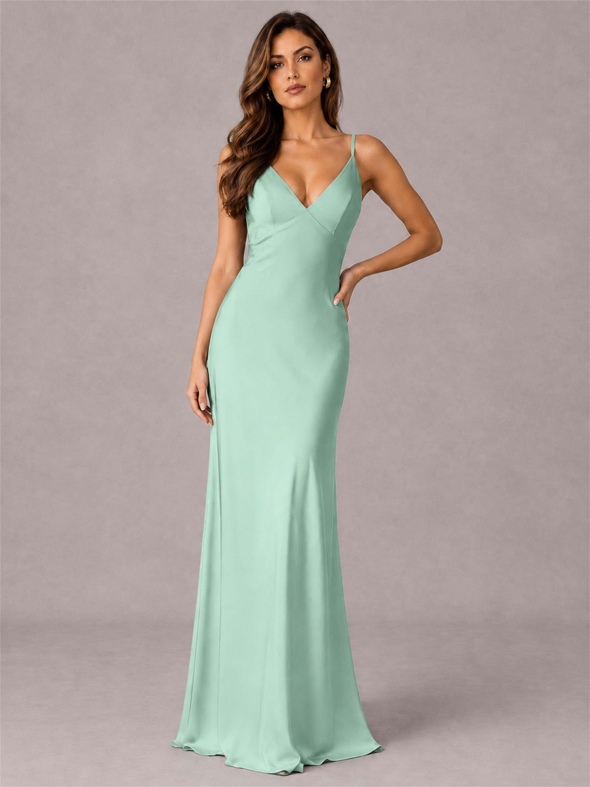 V-Neck Mermaid Satin Spaghetti Straps Floor-Length Wedding Guest Dress with Cape
