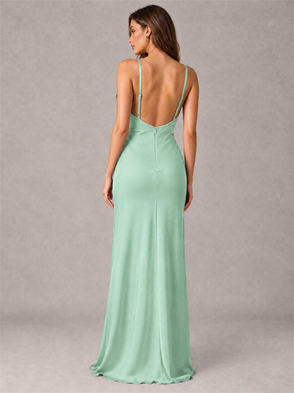 V-Neck Mermaid Satin Spaghetti Straps Floor-Length Wedding Guest Dress with Cape