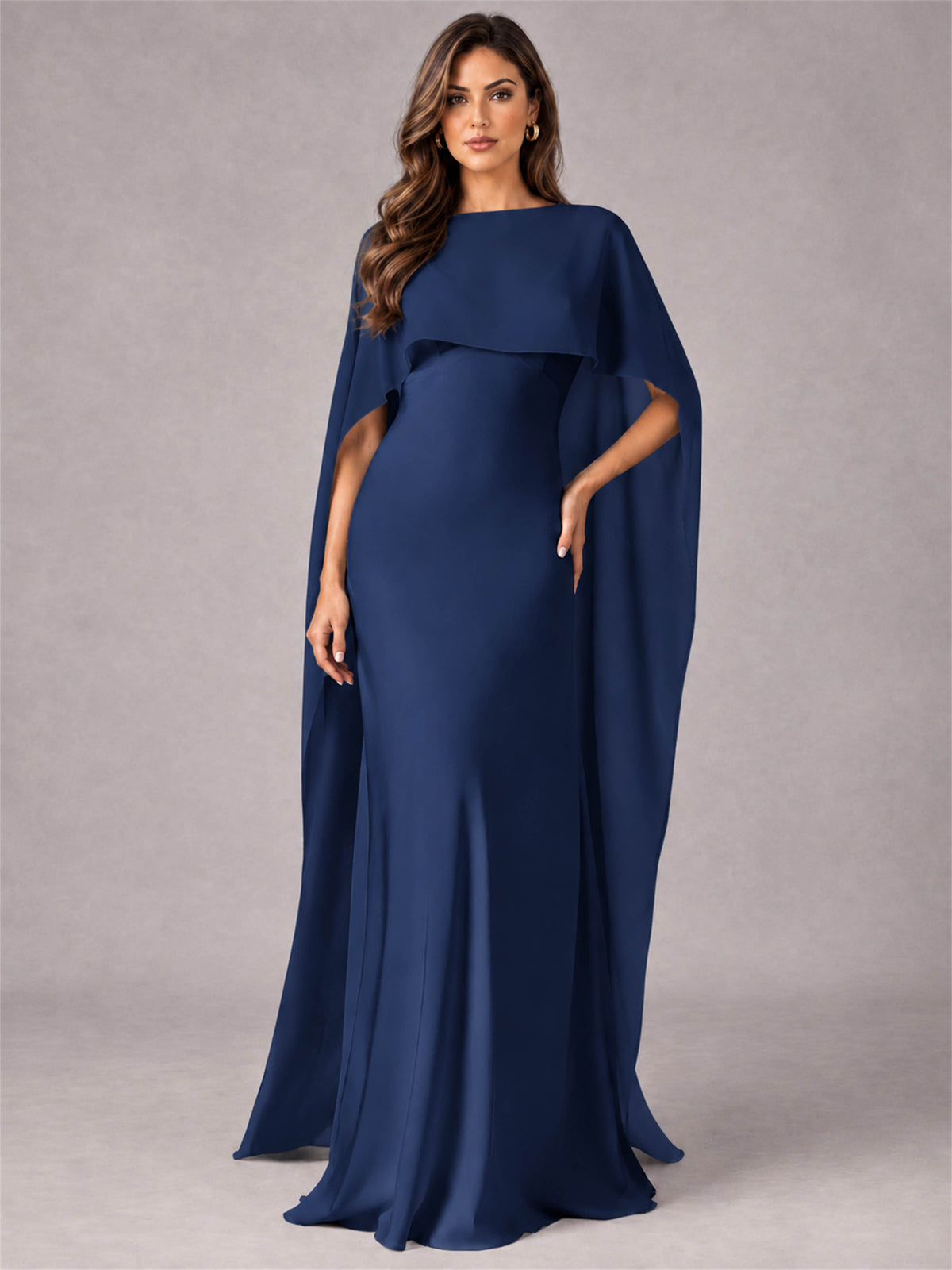 V-Neck Mermaid Satin Spaghetti Straps Floor-Length Wedding Guest Dress with Cape