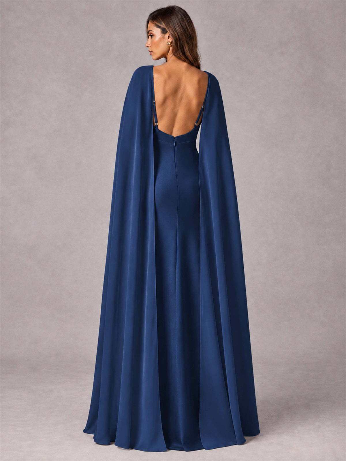 V-Neck Mermaid Satin Spaghetti Straps Floor-Length Wedding Guest Dress with Cape