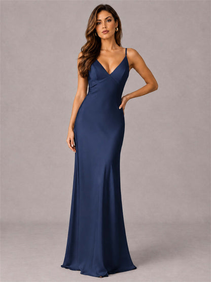 V-Neck Mermaid Satin Spaghetti Straps Floor-Length Wedding Guest Dress with Cape