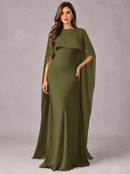 V-Neck Mermaid Satin Spaghetti Straps Floor-Length Wedding Guest Dress with Cape