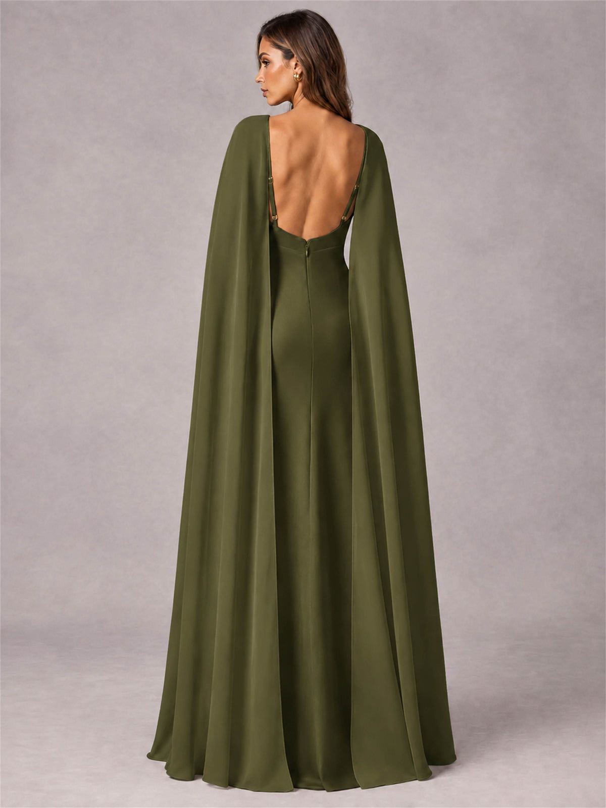 V-Neck Mermaid Satin Spaghetti Straps Floor-Length Wedding Guest Dress with Cape