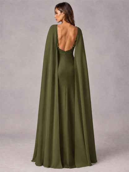 V-Neck Mermaid Satin Spaghetti Straps Floor-Length Wedding Guest Dress with Cape