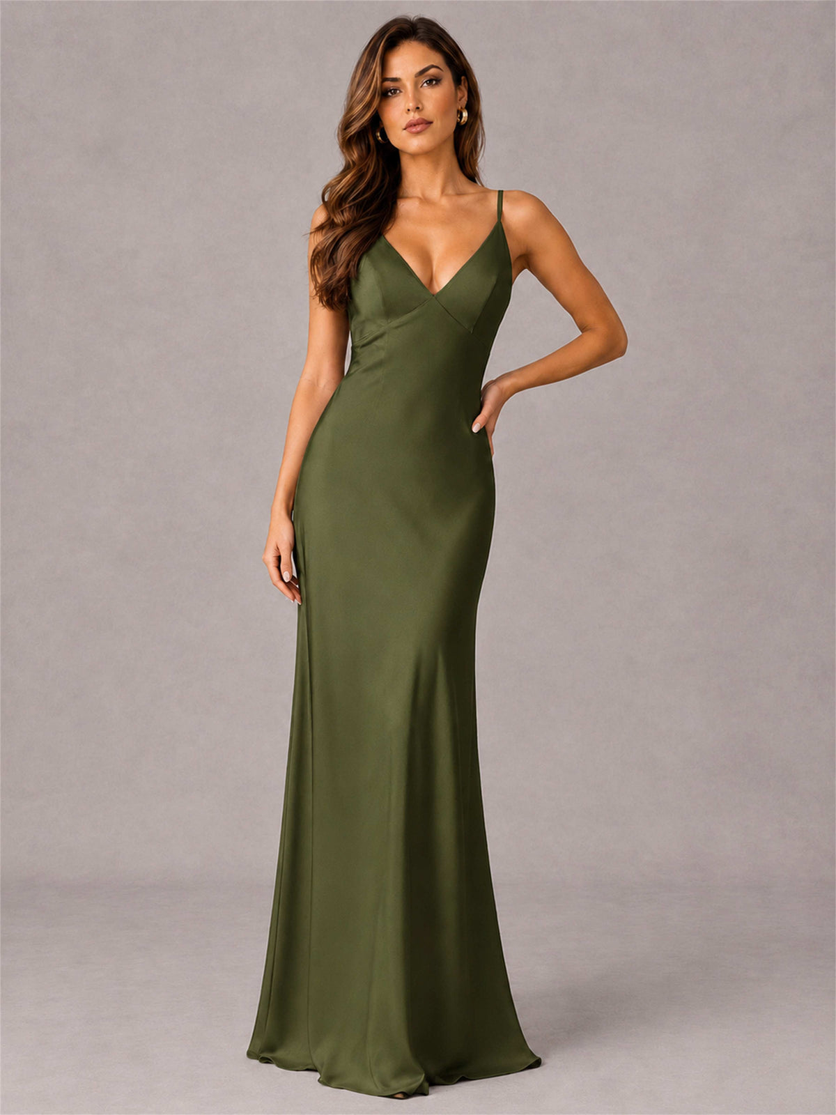 V-Neck Mermaid Satin Spaghetti Straps Floor-Length Wedding Guest Dress with Cape
