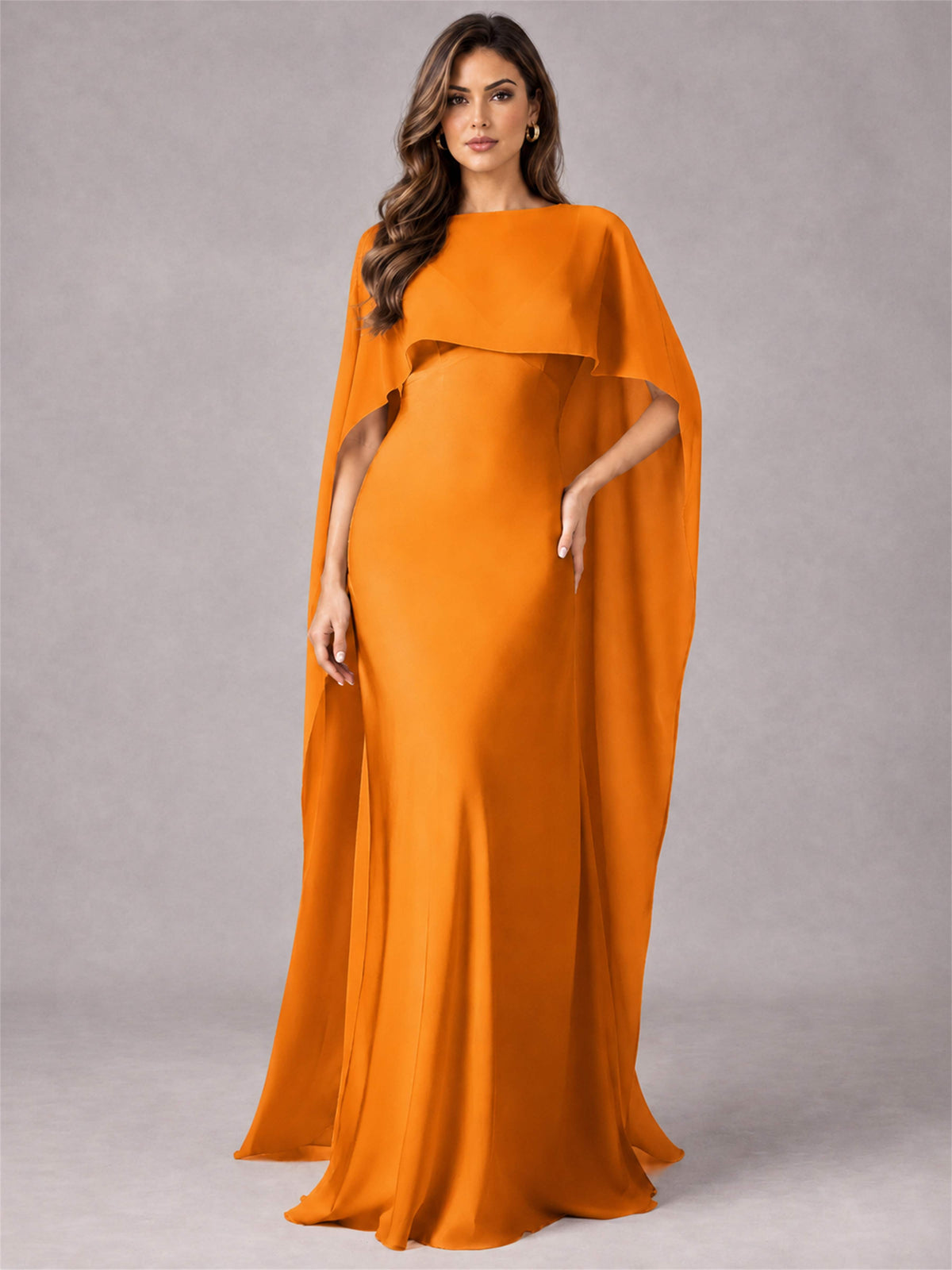 V-Neck Mermaid Satin Spaghetti Straps Floor-Length Wedding Guest Dress with Cape
