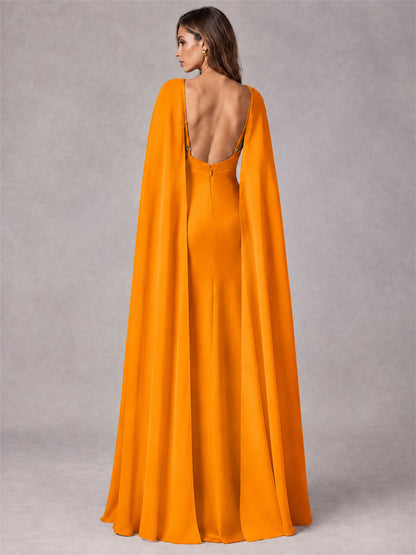 V-Neck Mermaid Satin Spaghetti Straps Floor-Length Wedding Guest Dress with Cape