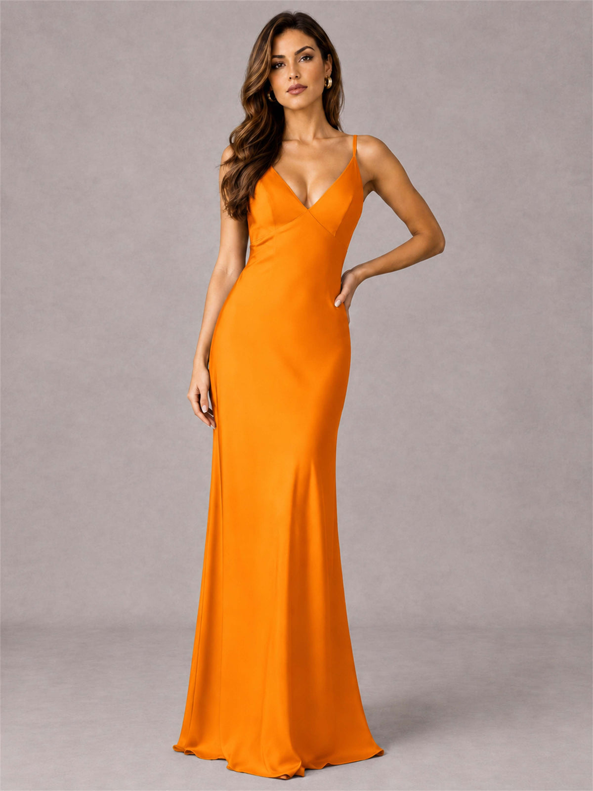 V-Neck Mermaid Satin Spaghetti Straps Floor-Length Wedding Guest Dress with Cape
