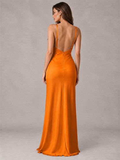 V-Neck Mermaid Satin Spaghetti Straps Floor-Length Wedding Guest Dress with Cape