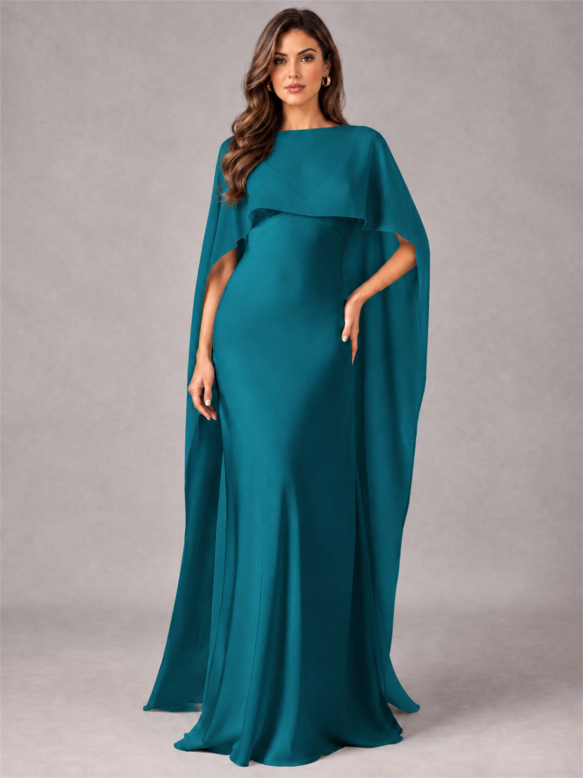 V-Neck Mermaid Satin Spaghetti Straps Floor-Length Wedding Guest Dress with Cape