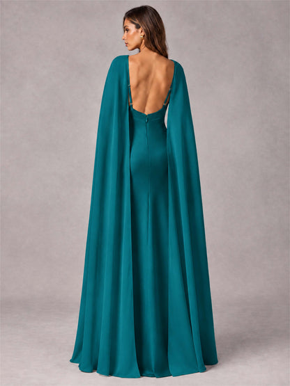 V-Neck Mermaid Satin Spaghetti Straps Floor-Length Wedding Guest Dress with Cape