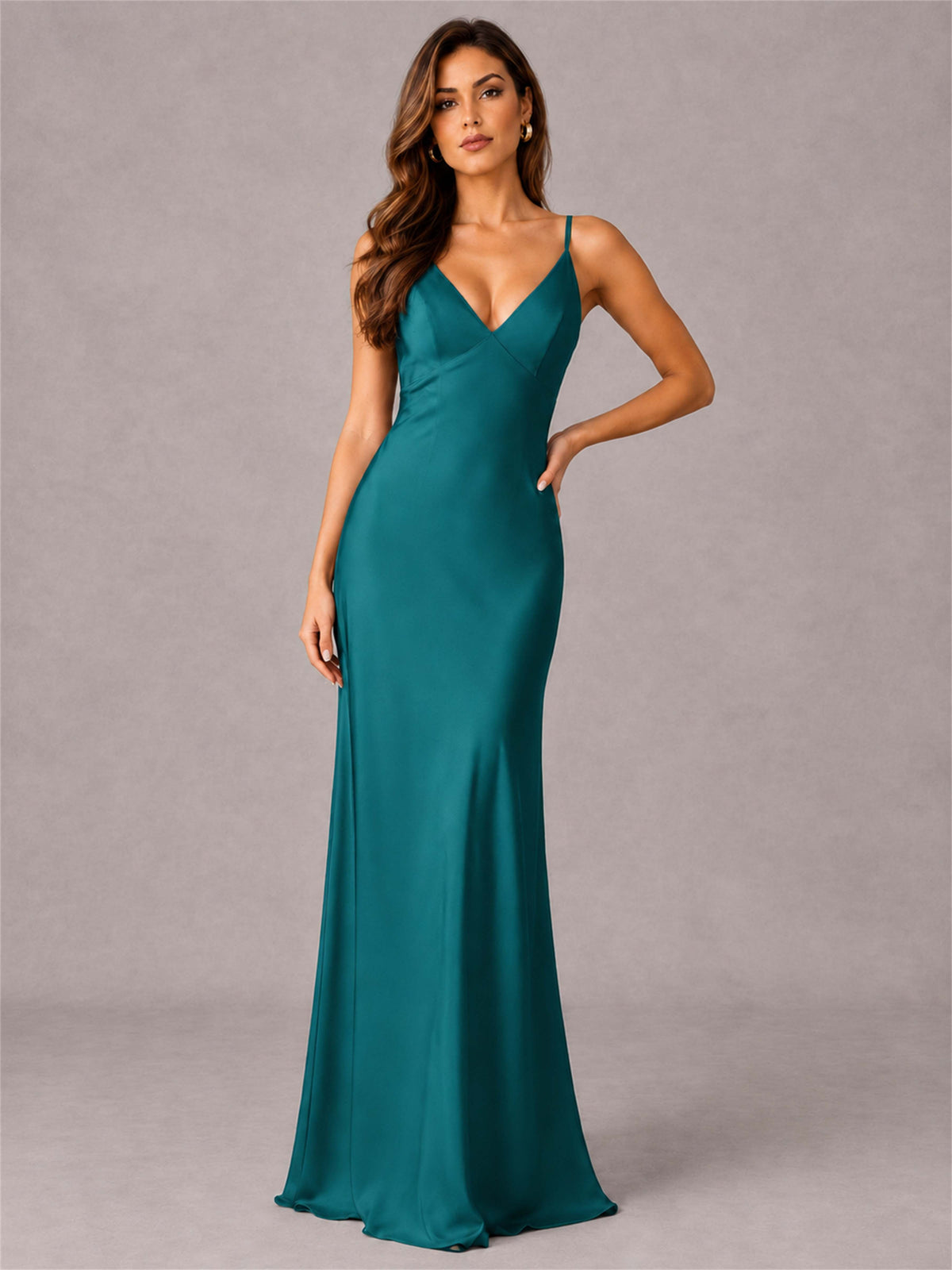 V-Neck Mermaid Satin Spaghetti Straps Floor-Length Wedding Guest Dress with Cape