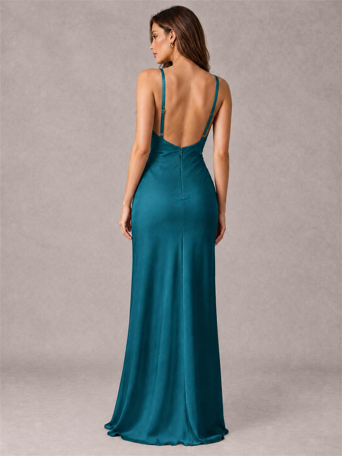 V-Neck Mermaid Satin Spaghetti Straps Floor-Length Wedding Guest Dress with Cape