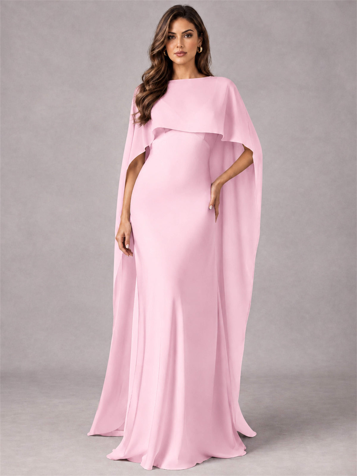 V-Neck Mermaid Satin Spaghetti Straps Floor-Length Wedding Guest Dress with Cape