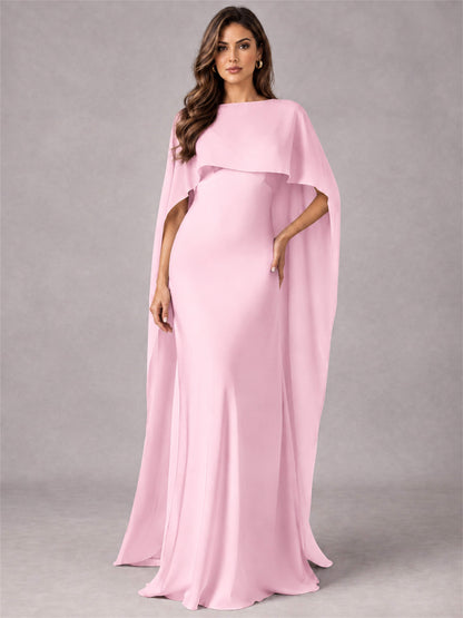 V-Neck Mermaid Satin Spaghetti Straps Floor-Length Wedding Guest Dress with Cape
