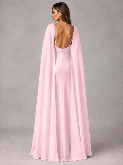 V-Neck Mermaid Satin Spaghetti Straps Floor-Length Wedding Guest Dress with Cape