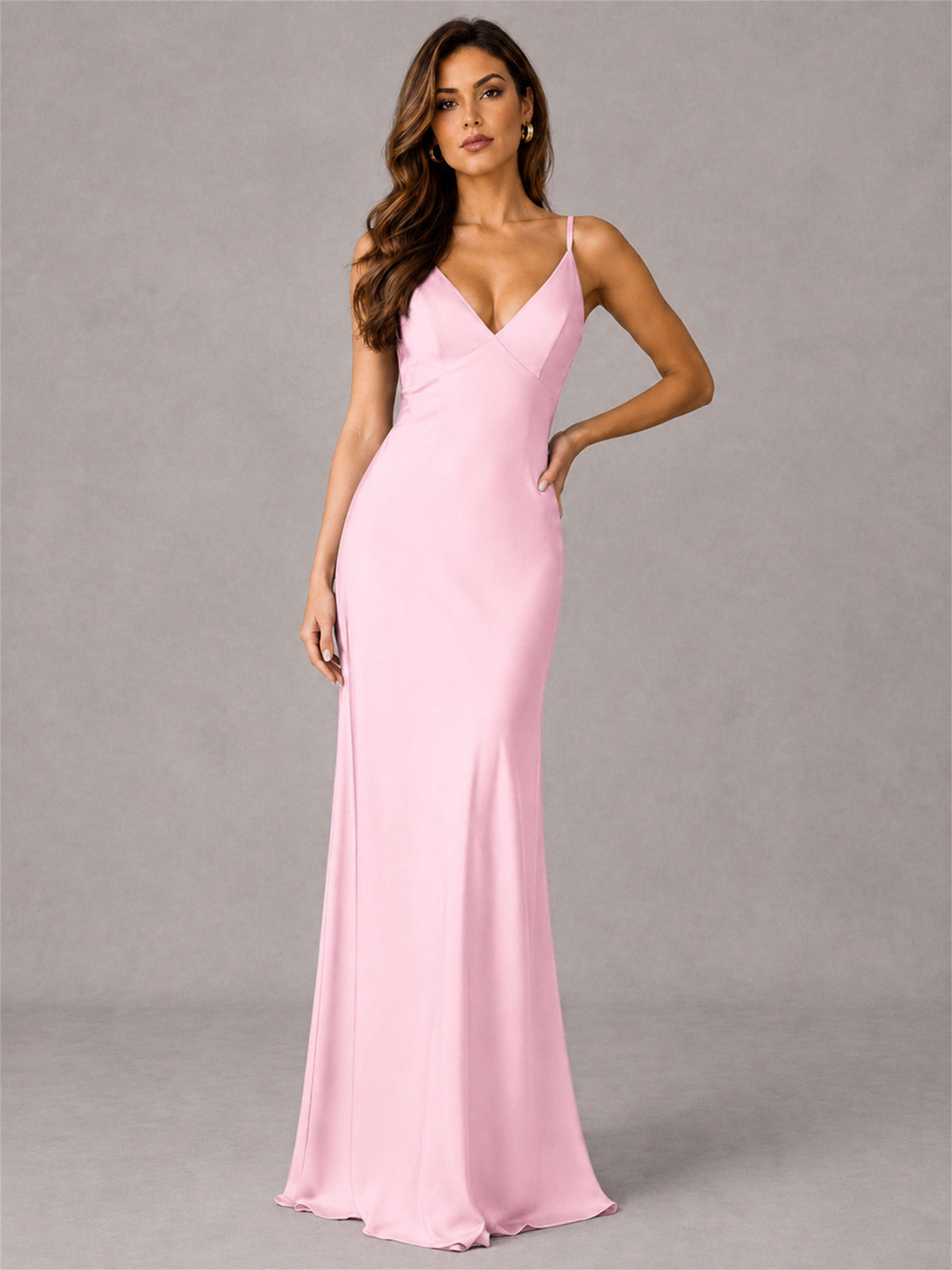 V-Neck Mermaid Satin Spaghetti Straps Floor-Length Wedding Guest Dress with Cape