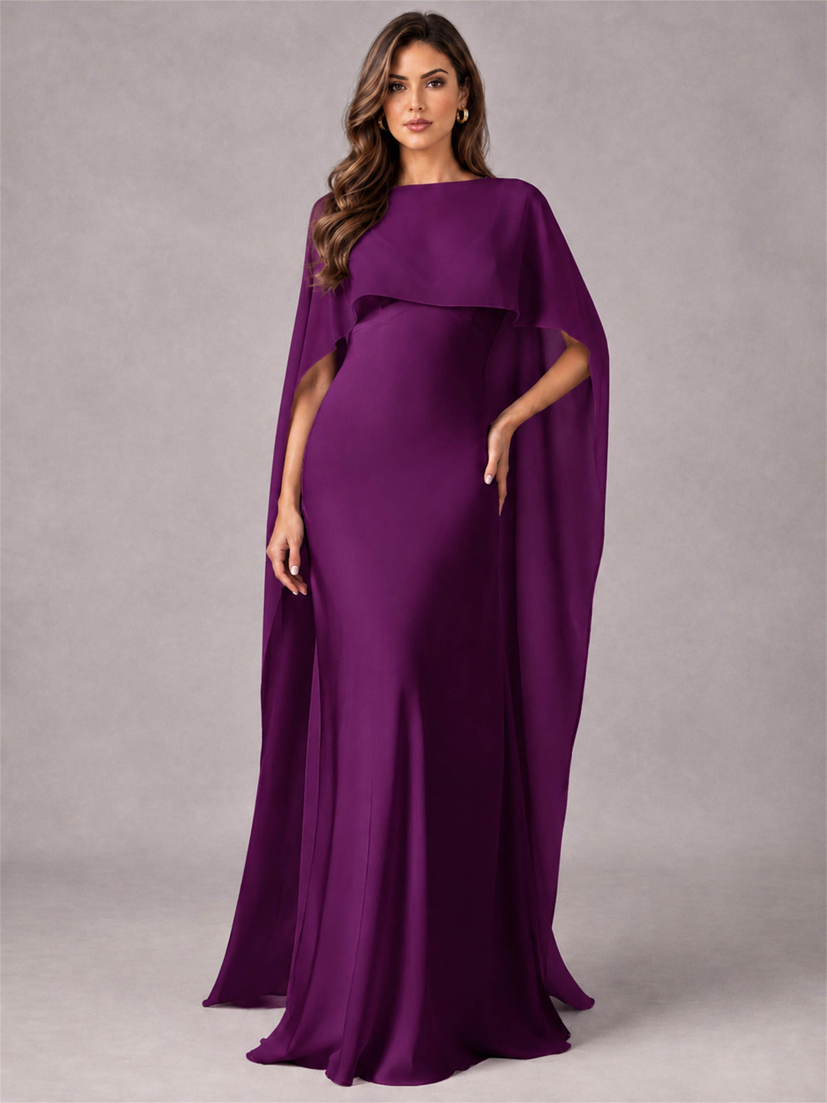 V-Neck Mermaid Satin Spaghetti Straps Floor-Length Wedding Guest Dress with Cape