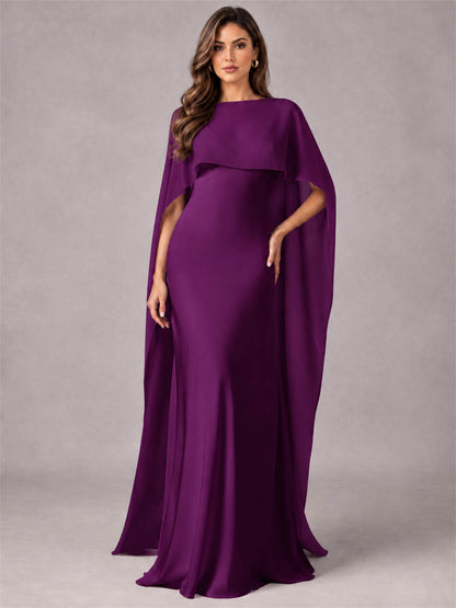 V-Neck Mermaid Satin Spaghetti Straps Floor-Length Wedding Guest Dress with Cape