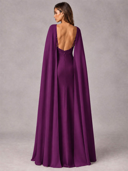 V-Neck Mermaid Satin Spaghetti Straps Floor-Length Wedding Guest Dress with Cape