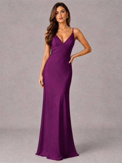 V-Neck Mermaid Satin Spaghetti Straps Floor-Length Wedding Guest Dress with Cape