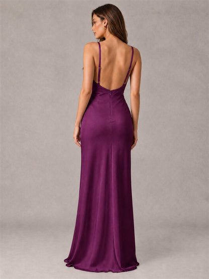 V-Neck Mermaid Satin Spaghetti Straps Floor-Length Wedding Guest Dress with Cape