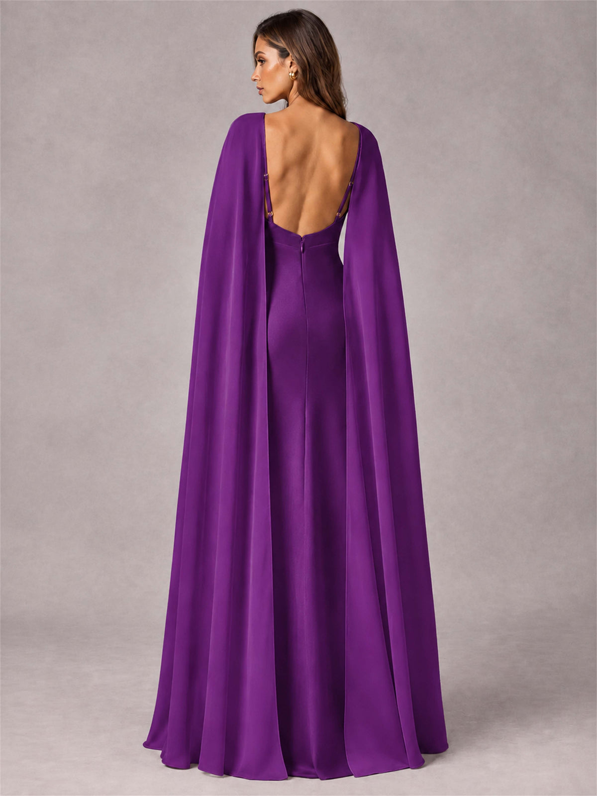 V-Neck Mermaid Satin Spaghetti Straps Floor-Length Wedding Guest Dress with Cape