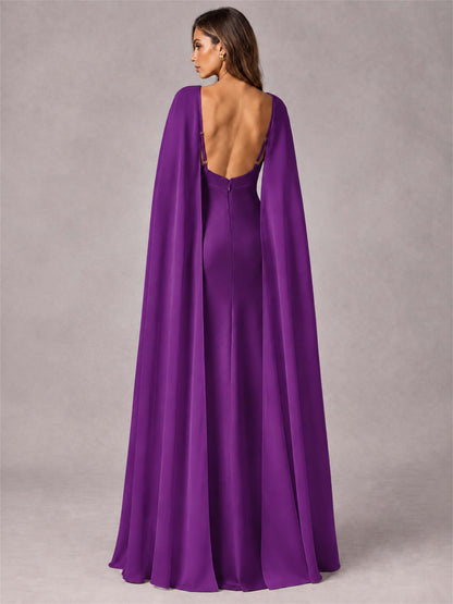V-Neck Mermaid Satin Spaghetti Straps Floor-Length Wedding Guest Dress with Cape