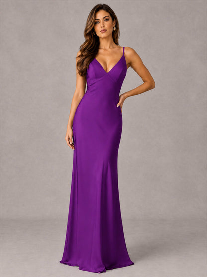 V-Neck Mermaid Satin Spaghetti Straps Floor-Length Wedding Guest Dress with Cape