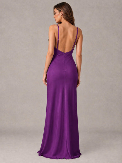 V-Neck Mermaid Satin Spaghetti Straps Floor-Length Wedding Guest Dress with Cape