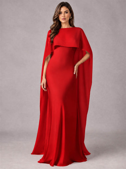 V-Neck Mermaid Satin Spaghetti Straps Floor-Length Wedding Guest Dress with Cape