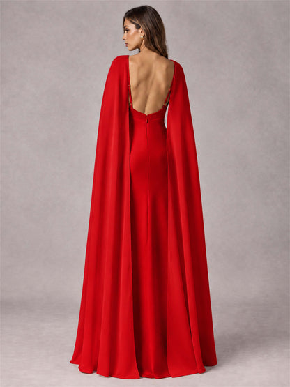 V-Neck Mermaid Satin Spaghetti Straps Floor-Length Wedding Guest Dress with Cape