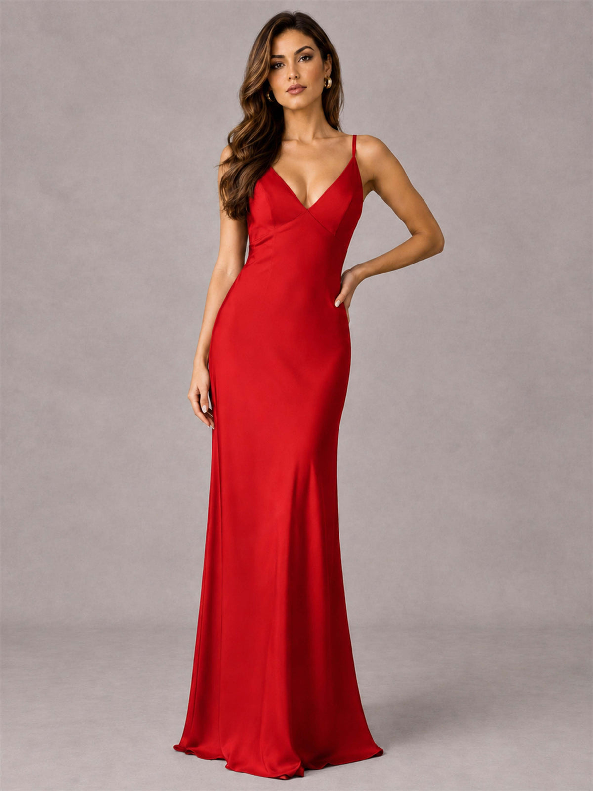 V-Neck Mermaid Satin Spaghetti Straps Floor-Length Wedding Guest Dress with Cape