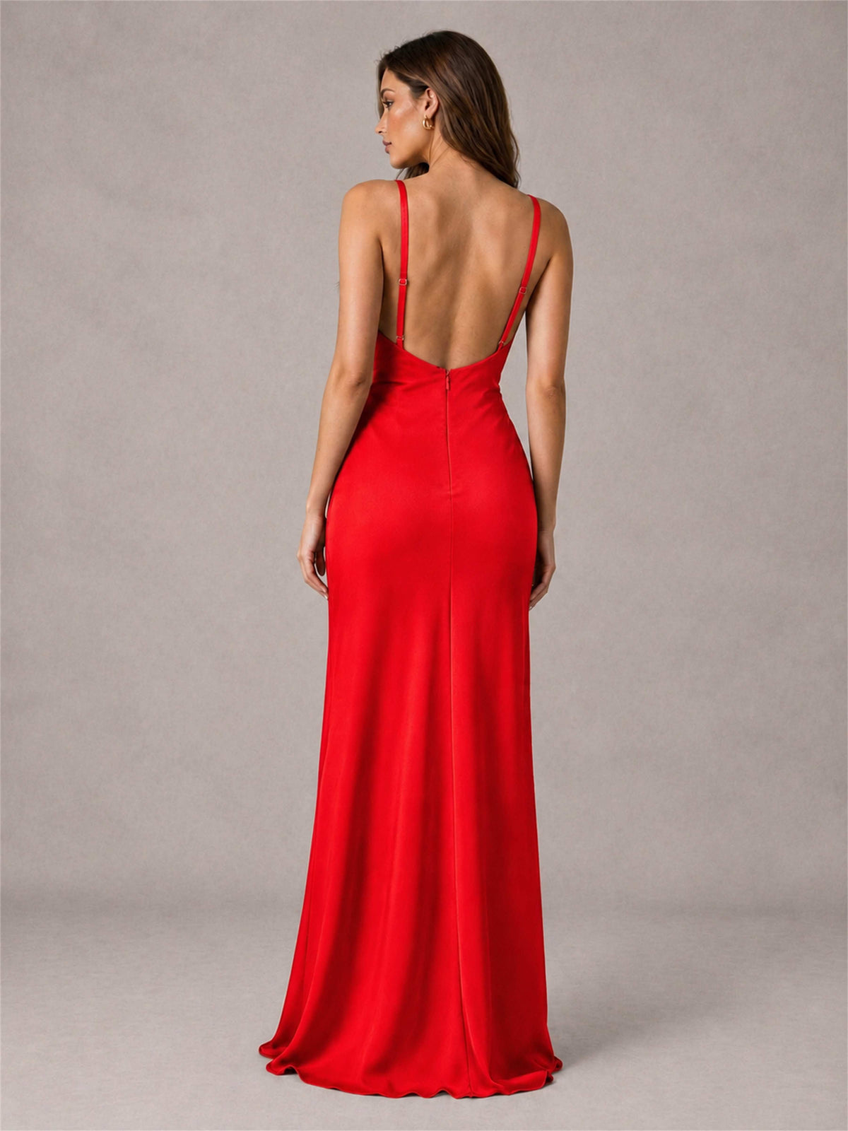 V-Neck Mermaid Satin Spaghetti Straps Floor-Length Wedding Guest Dress with Cape