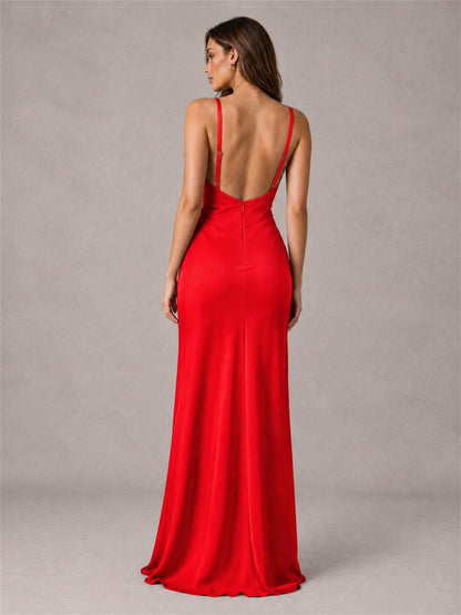 V-Neck Mermaid Satin Spaghetti Straps Floor-Length Wedding Guest Dress with Cape