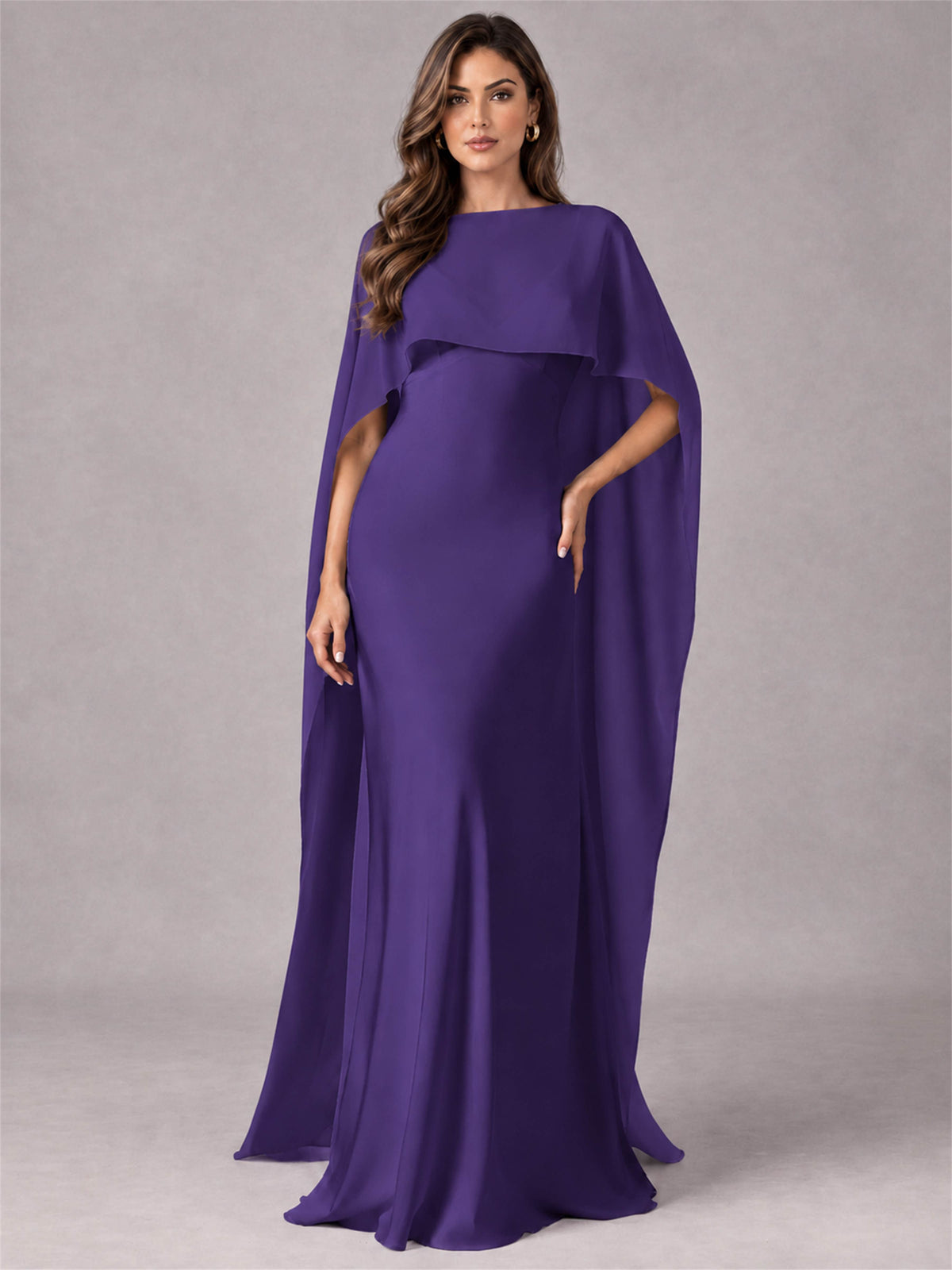 V-Neck Mermaid Satin Spaghetti Straps Floor-Length Wedding Guest Dress with Cape