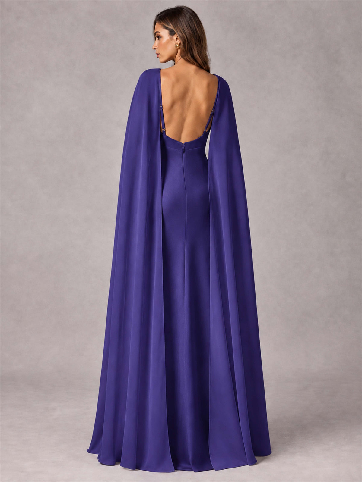 V-Neck Mermaid Satin Spaghetti Straps Floor-Length Wedding Guest Dress with Cape