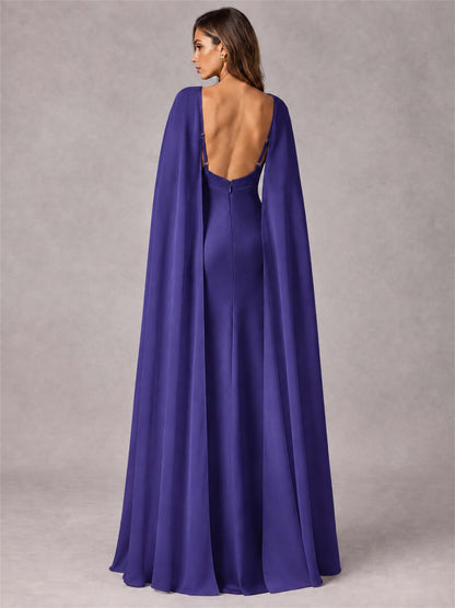 V-Neck Mermaid Satin Spaghetti Straps Floor-Length Wedding Guest Dress with Cape