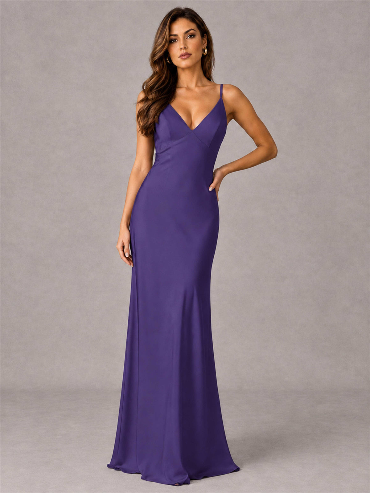 V-Neck Mermaid Satin Spaghetti Straps Floor-Length Wedding Guest Dress with Cape