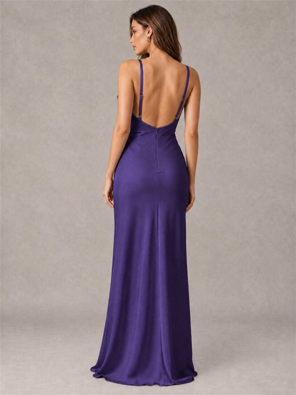 V-Neck Mermaid Satin Spaghetti Straps Floor-Length Wedding Guest Dress with Cape
