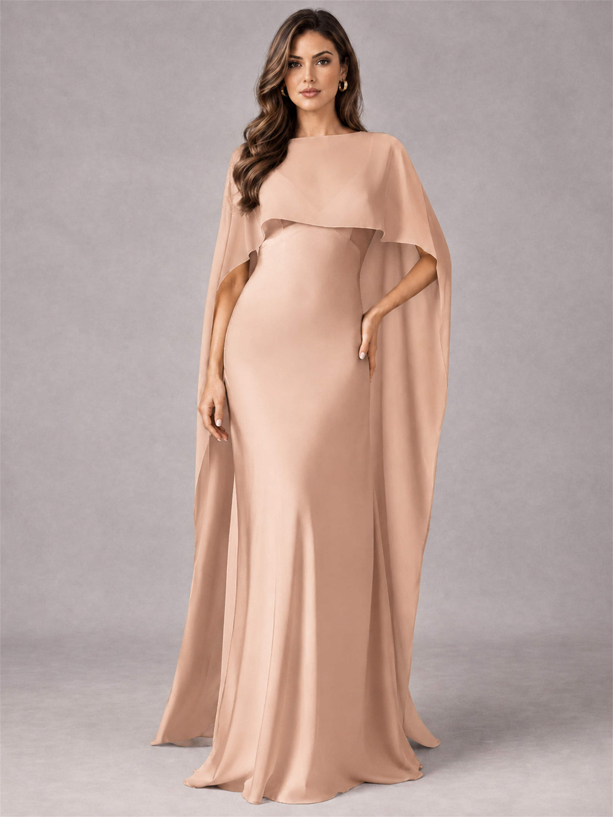 V-Neck Mermaid Satin Spaghetti Straps Floor-Length Wedding Guest Dress with Cape