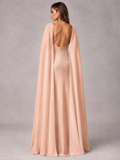 V-Neck Mermaid Satin Spaghetti Straps Floor-Length Wedding Guest Dress with Cape