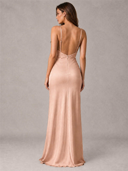 V-Neck Mermaid Satin Spaghetti Straps Floor-Length Wedding Guest Dress with Cape