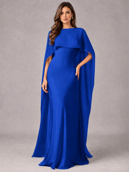 V-Neck Mermaid Satin Spaghetti Straps Floor-Length Wedding Guest Dress with Cape