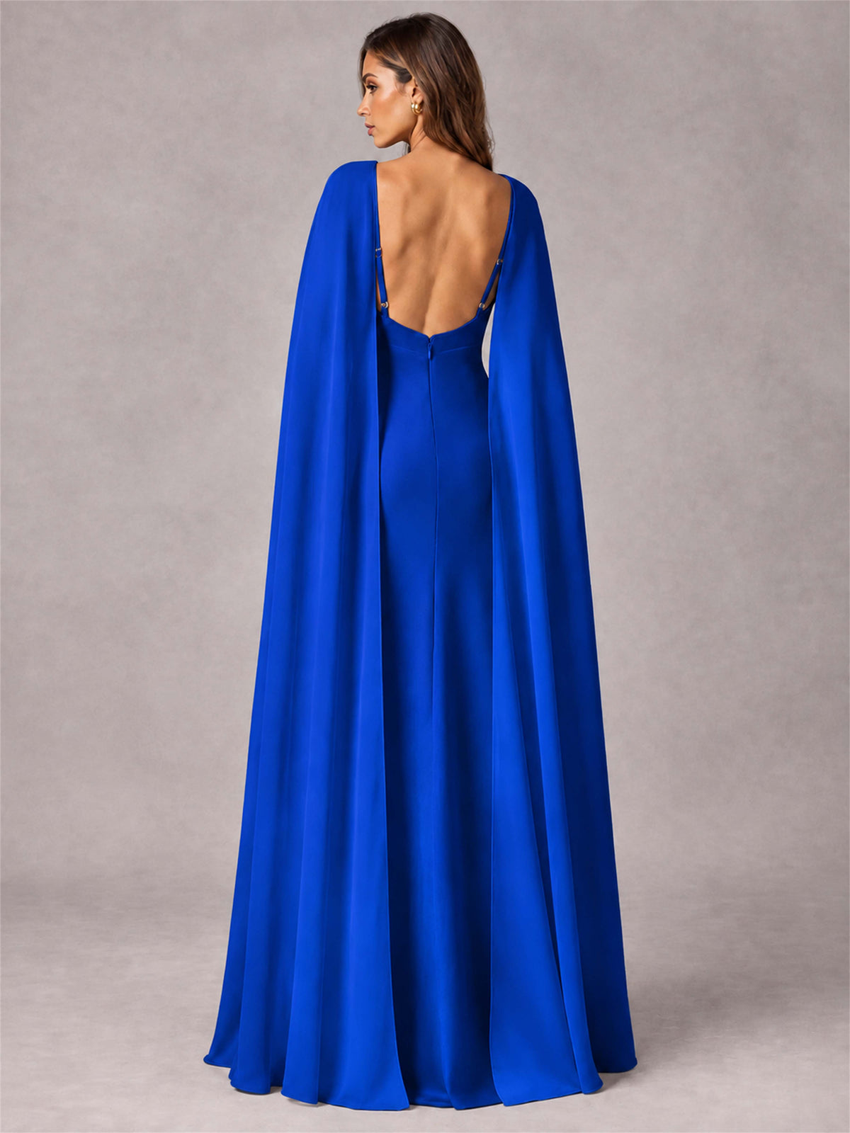V-Neck Mermaid Satin Spaghetti Straps Floor-Length Wedding Guest Dress with Cape