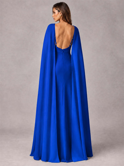 V-Neck Mermaid Satin Spaghetti Straps Floor-Length Wedding Guest Dress with Cape