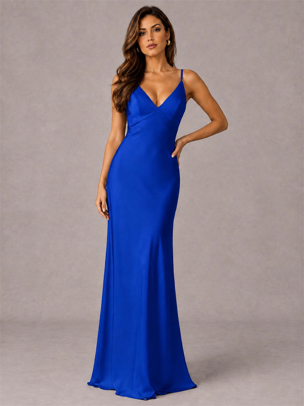 V-Neck Mermaid Satin Spaghetti Straps Floor-Length Wedding Guest Dress with Cape