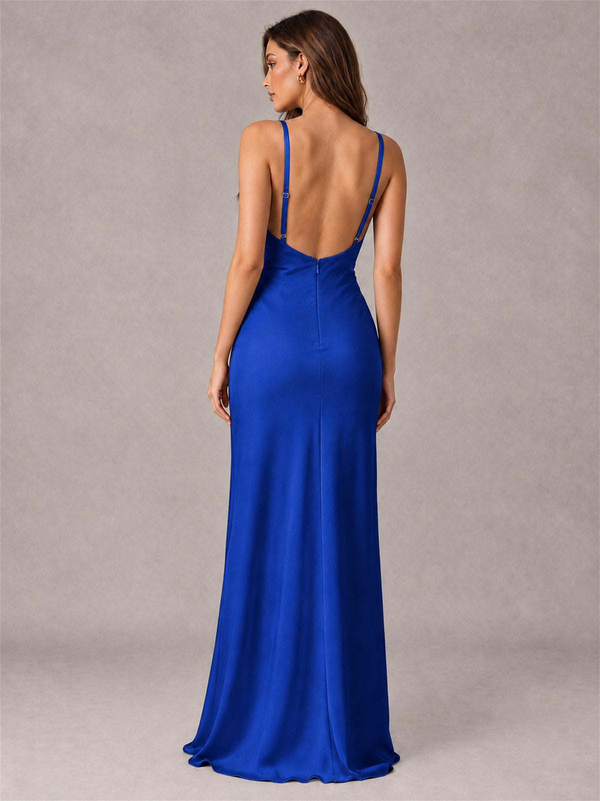 V-Neck Mermaid Satin Spaghetti Straps Floor-Length Wedding Guest Dress with Cape